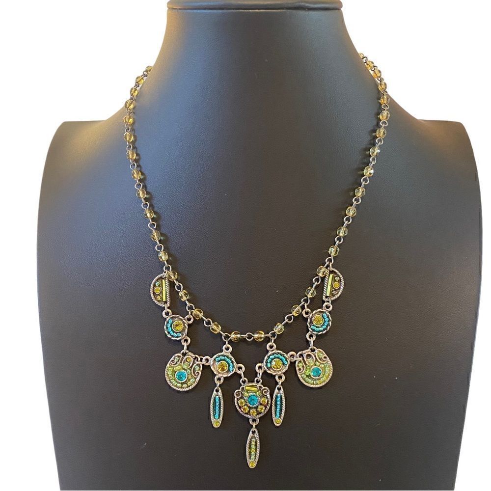 Beautiful Bollywood Inspired Beaded Drop Necklace in Blue, Green & Silver.